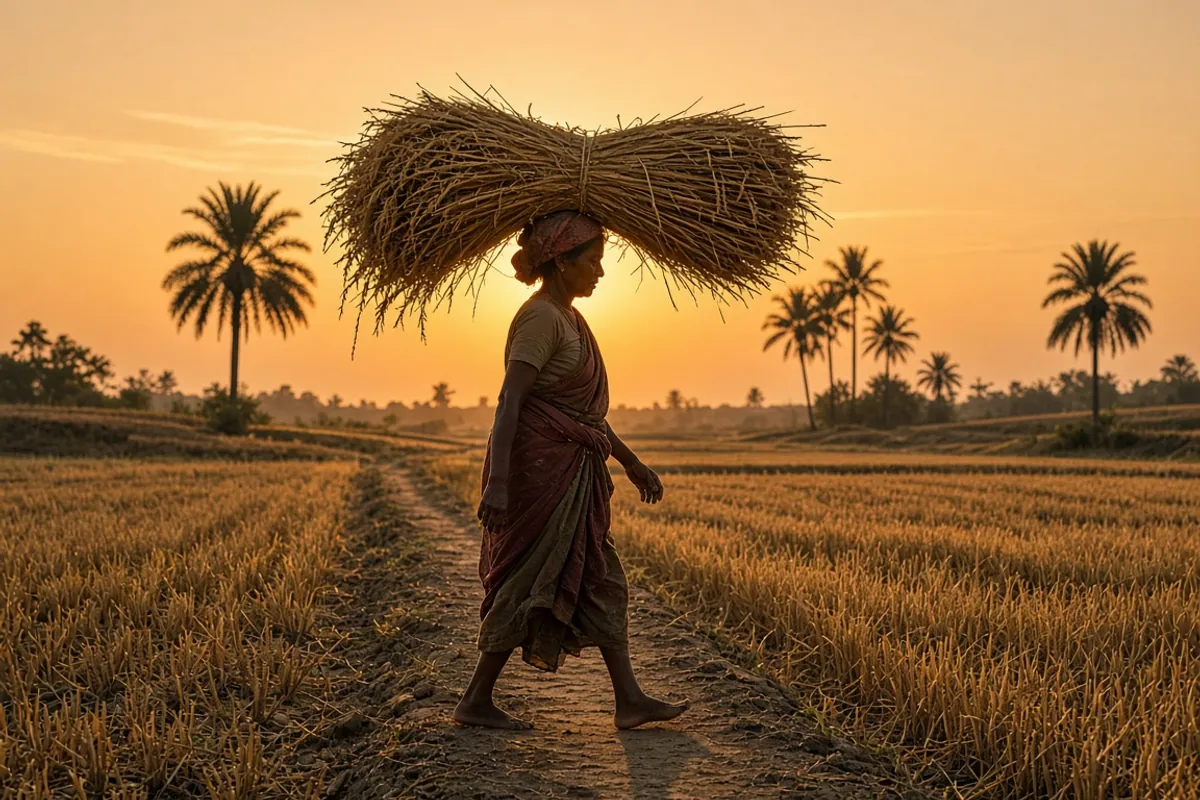 Woman carrying a large bundle of paddy sheaves on her head along a field bund at sunset