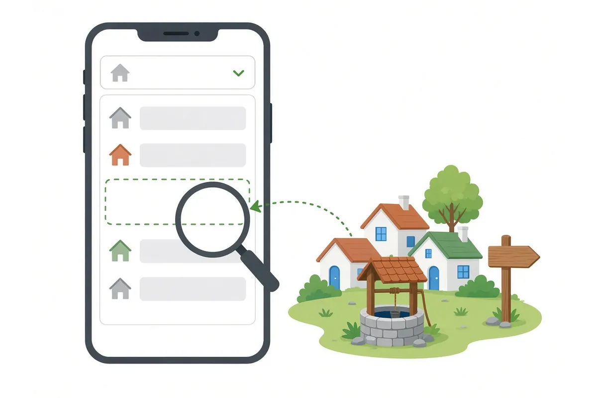 Illustration of a phone drop-down list with one empty dashed row under a magnifying glass and an arrow from a small village with a well