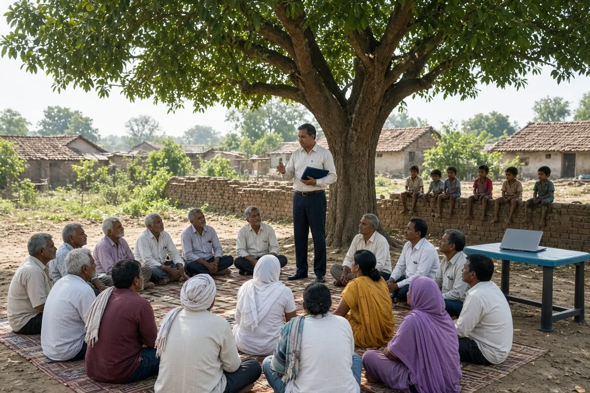 Farmers seated on durries under a tree listening to an official holding a folder, with children watching from a brick wall
