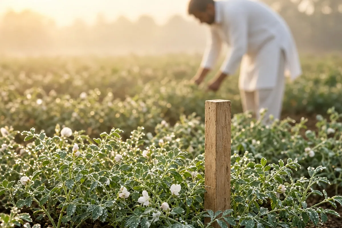 Flowering chickpea plants with dew beside a wooden plot marker peg, with a farmer bending over the crop behind