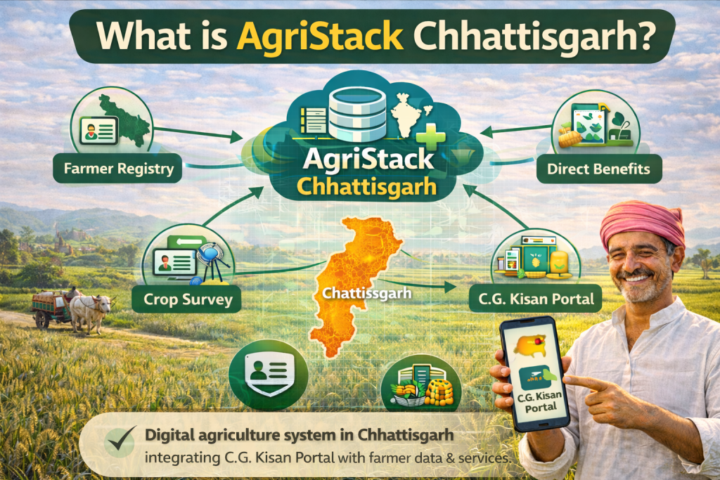 AgriStack Chhattisgarh system showing farmer registry crop survey and CG Kisan portal