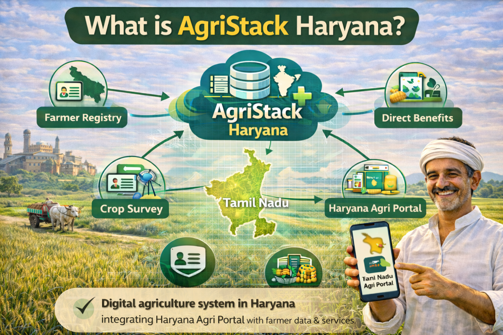 AgriStack Haryana system showing farmer registry crop survey and Haryana agriculture portal