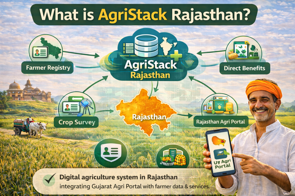 AgriStack Rajasthan system showing farmer registry crop survey and Rajasthan agriculture portal