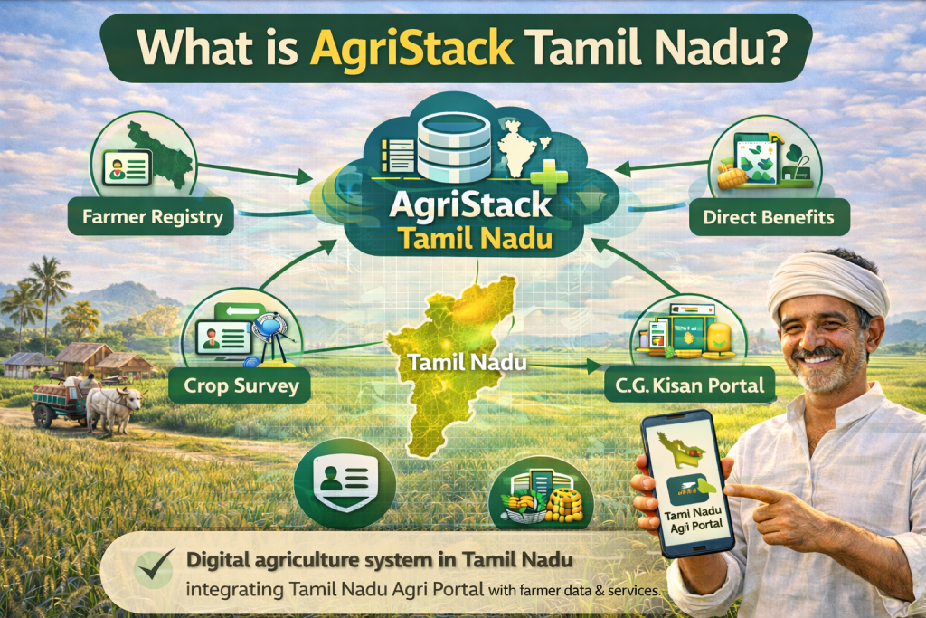 AgriStack Tamil Nadu system showing farmer registry crop survey and Tamil Nadu agriculture portal