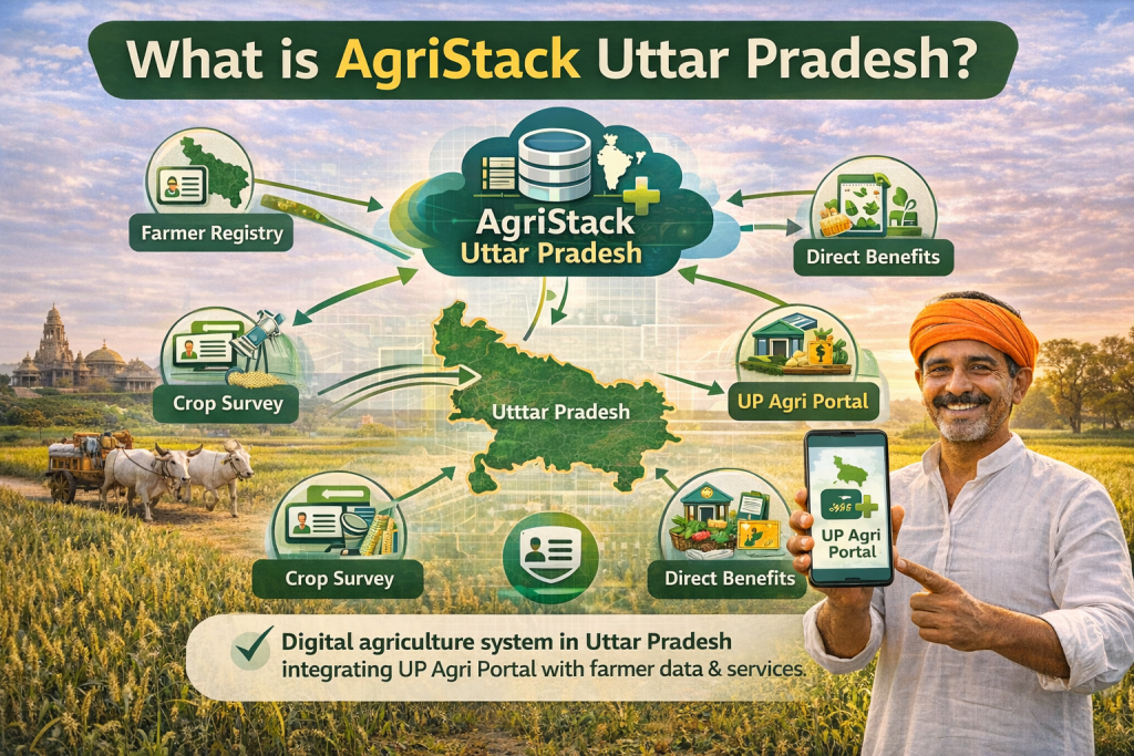 AgriStack Uttar Pradesh system showing farmer registry crop survey and UP agriculture portal